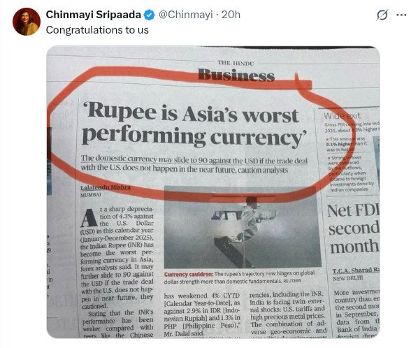 Poll image for Rupee is Asia's Worst Performing Currency -- Quote from Chinmayi Sripaada
