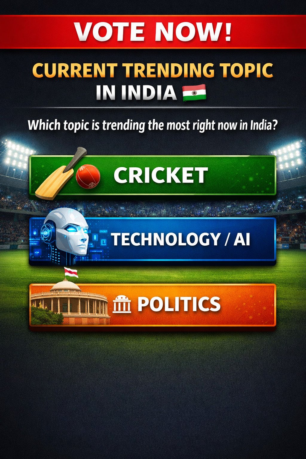 Poll image for Which topic is trending the most right now in India ?